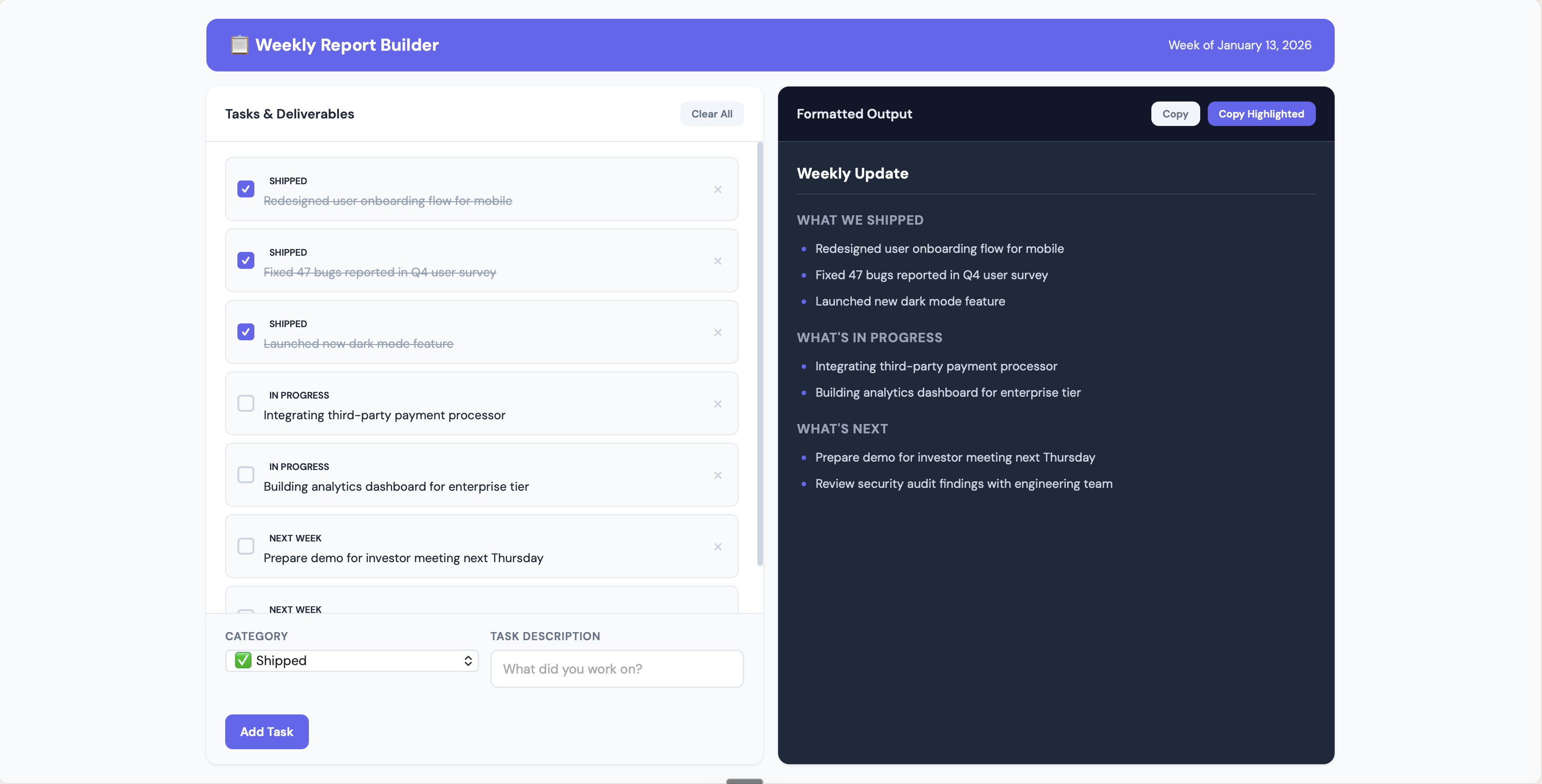 Weekly report builder built with Toqan