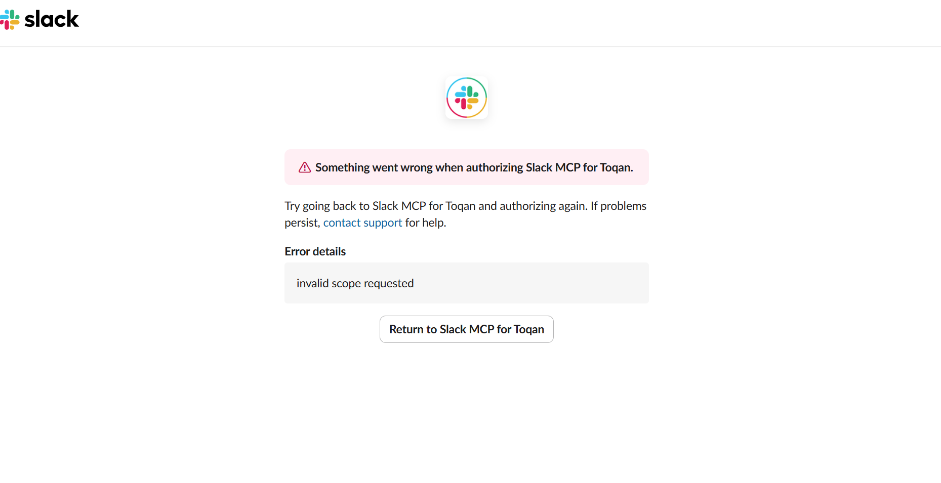 Slack authorization error showing “invalid scope requested”